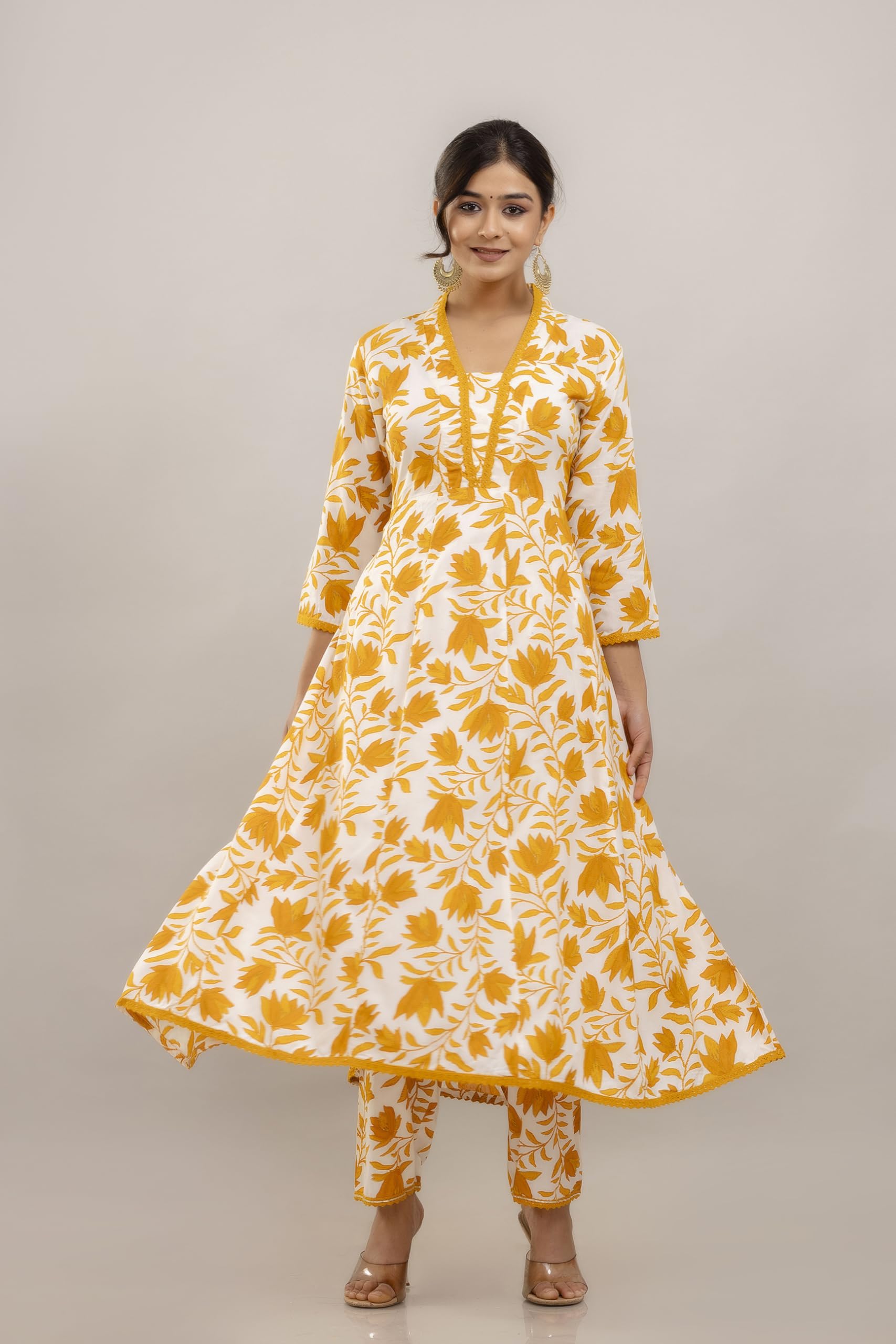 Floral Printed Anarkali Pure Cotton Kurta with Trousers & Dupatta
