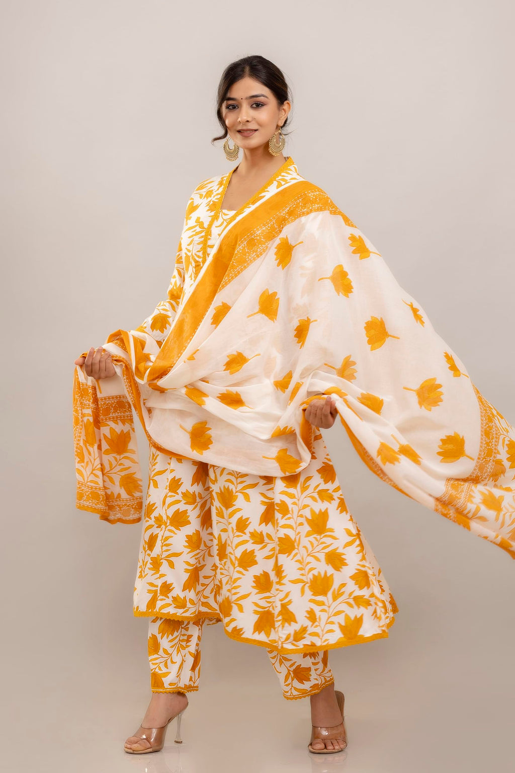 Floral Printed Anarkali Pure Cotton Kurta with Trousers & Dupatta