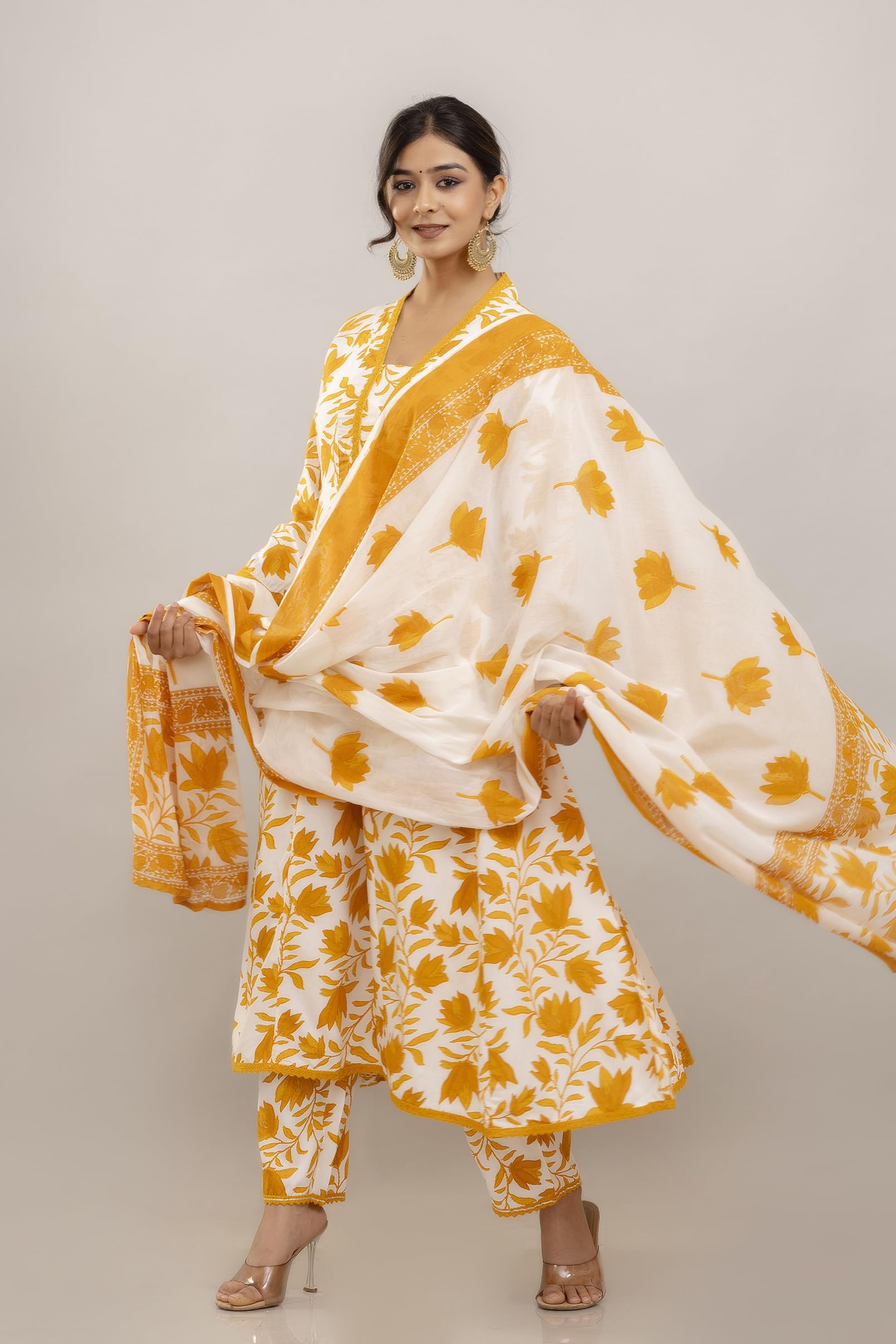 Floral Printed Anarkali Pure Cotton Kurta with Trousers & Dupatta