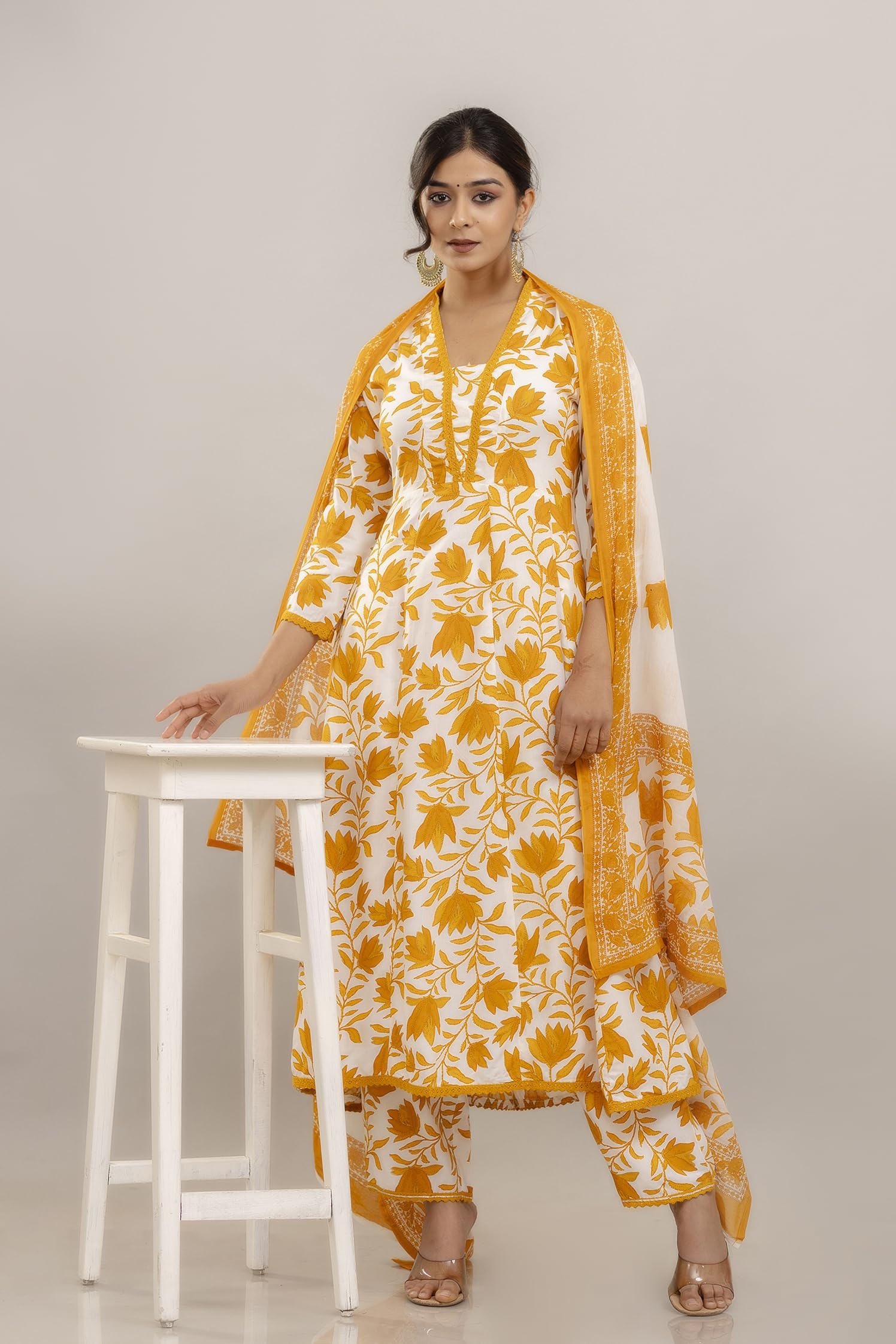 Floral Printed Anarkali Pure Cotton Kurta with Trousers & Dupatta