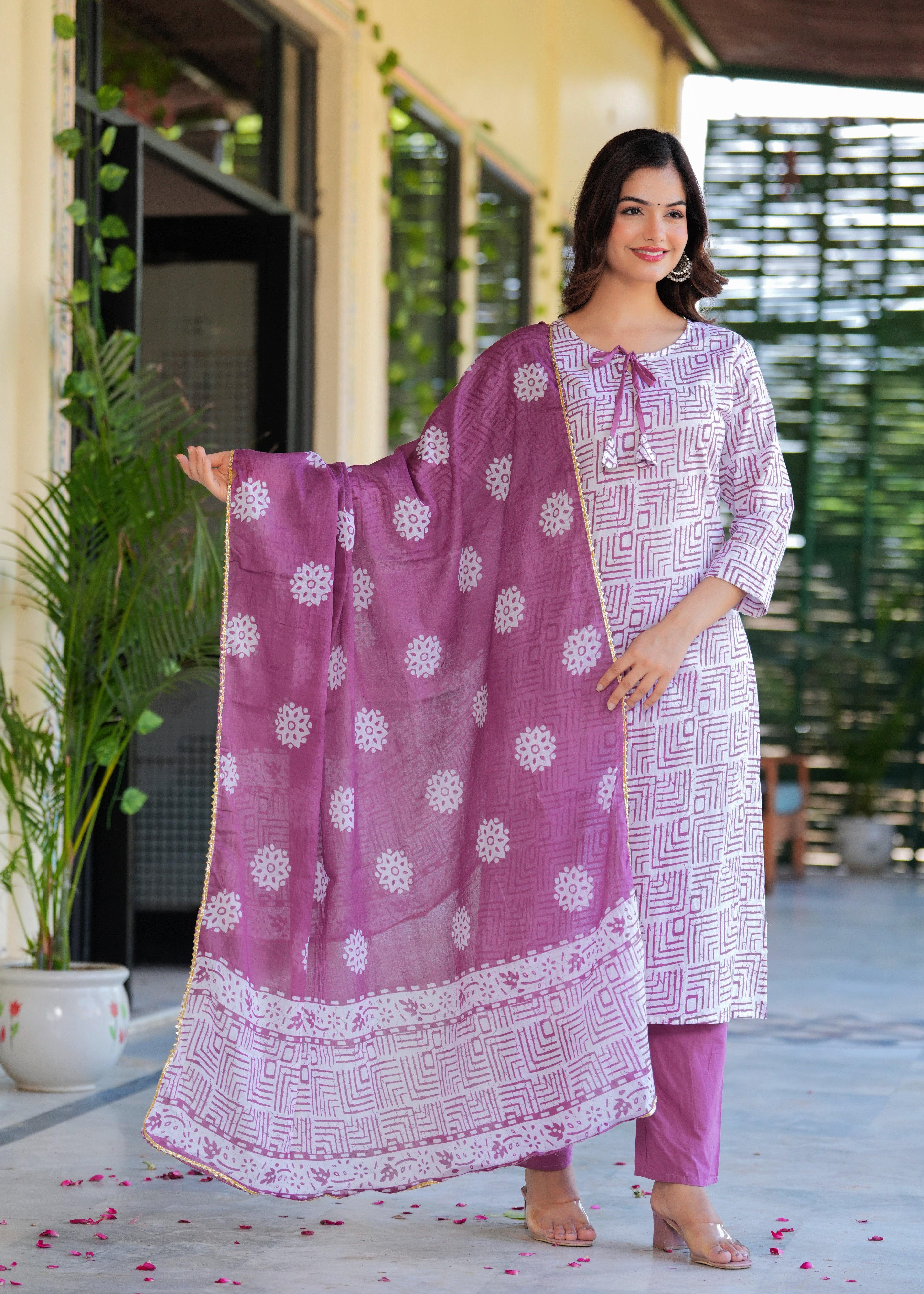 Dusky Purple Printed Cotton Suit Set with Malmal Dupatta