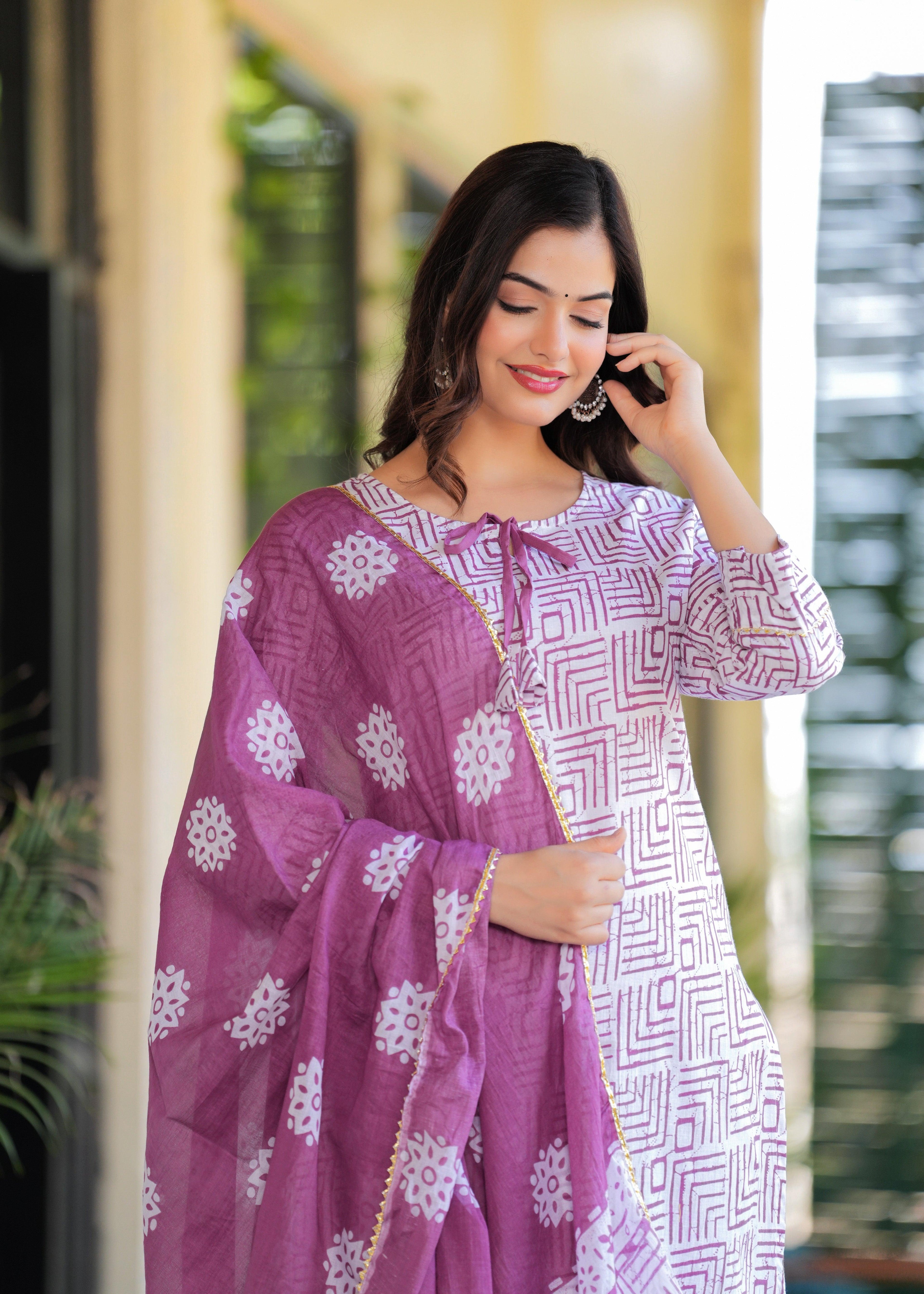 Dusky Purple Printed Cotton Suit Set with Malmal Dupatta