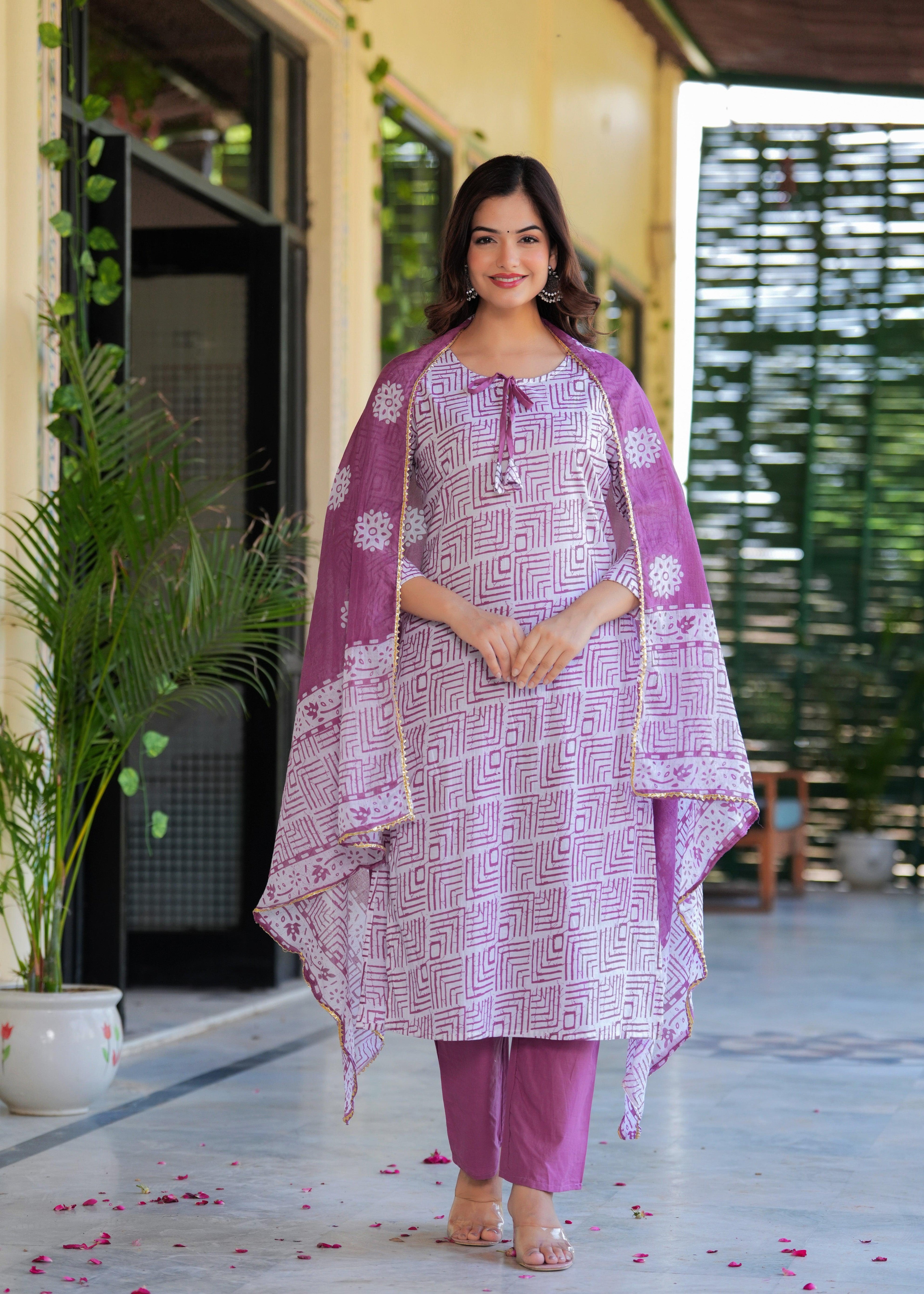 Dusky Purple Printed Cotton Suit Set with Malmal Dupatta
