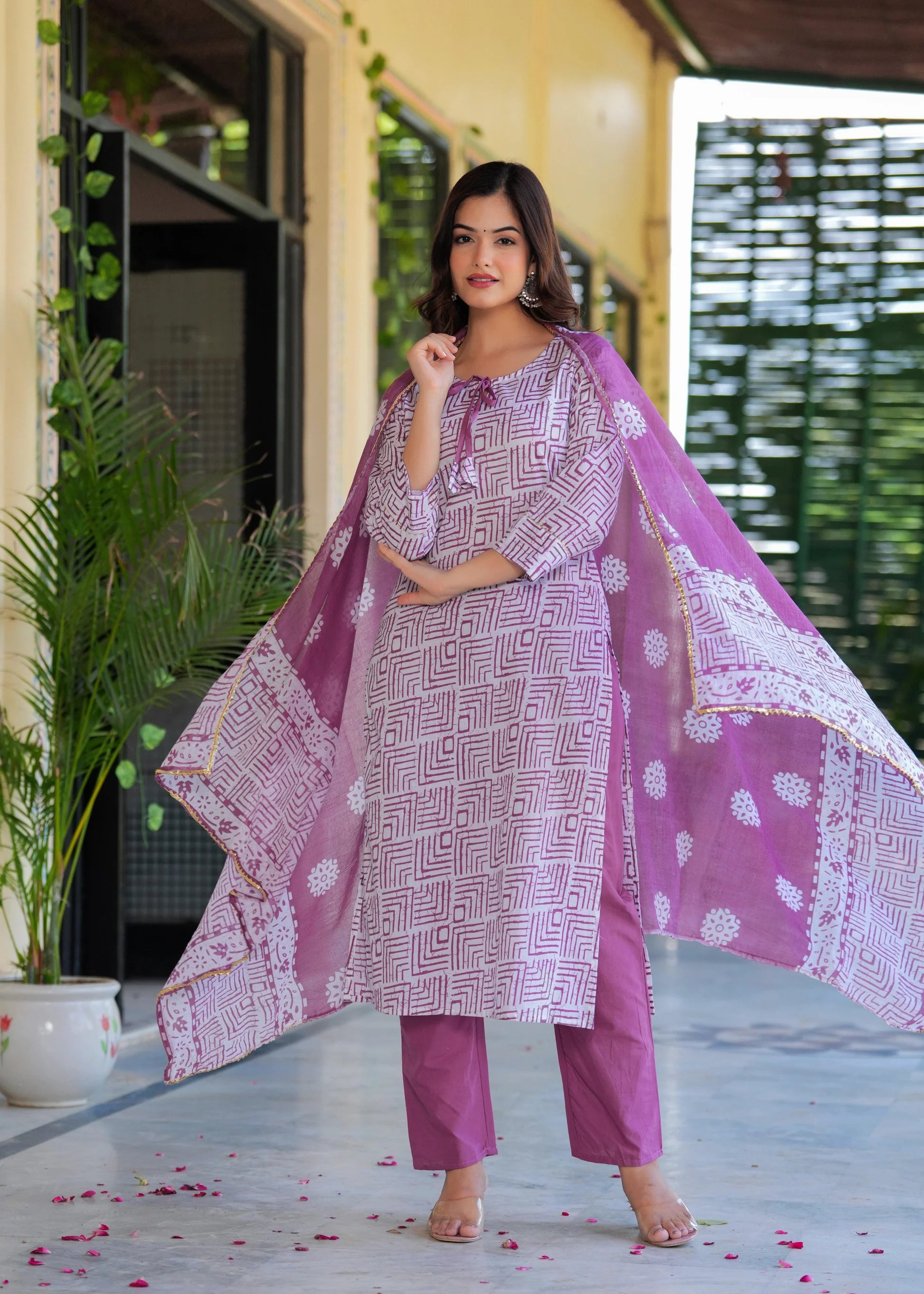 Dusky Purple Printed Cotton Suit Set with Malmal Dupatta