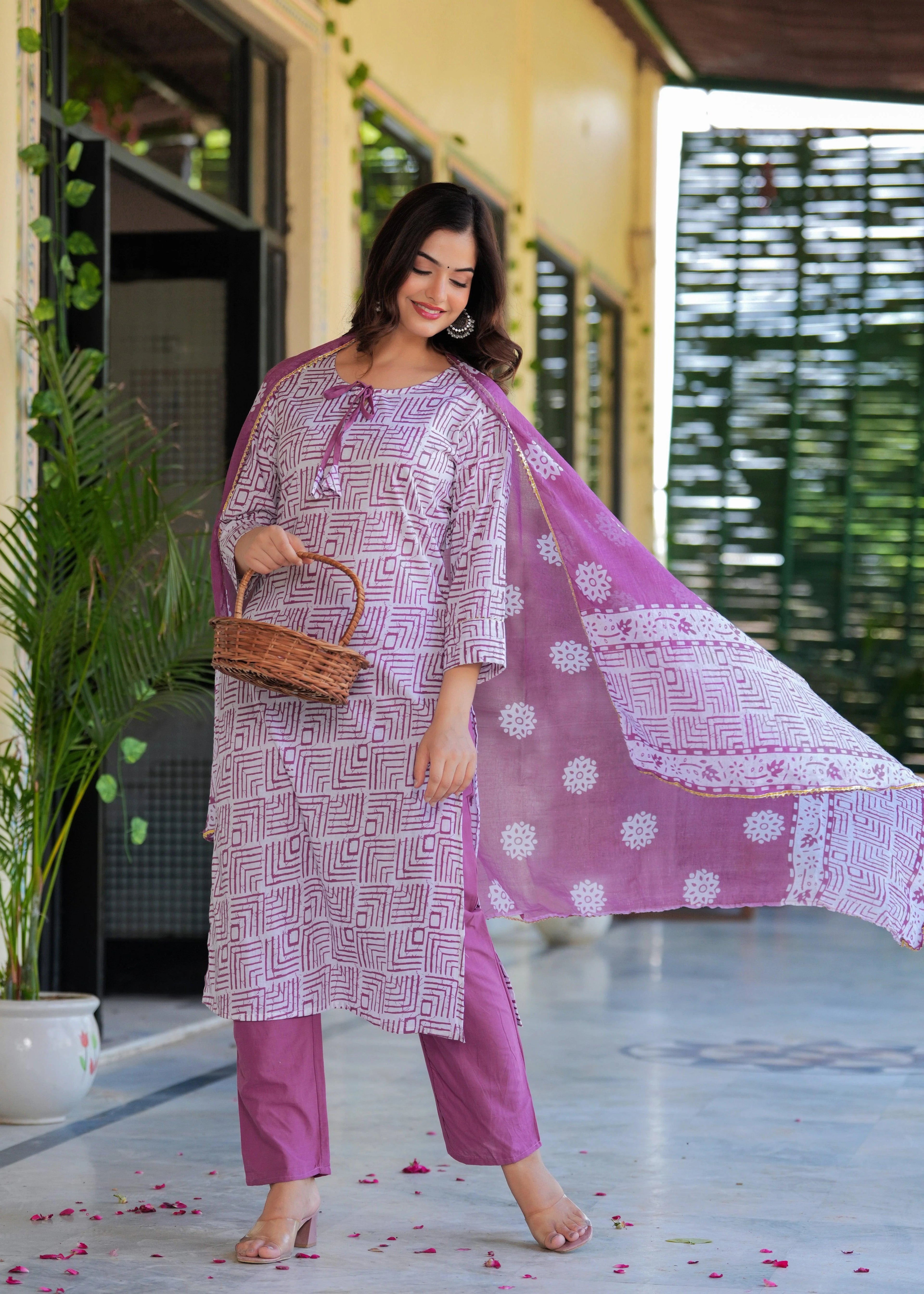 Dusky Purple Printed Cotton Suit Set with Malmal Dupatta