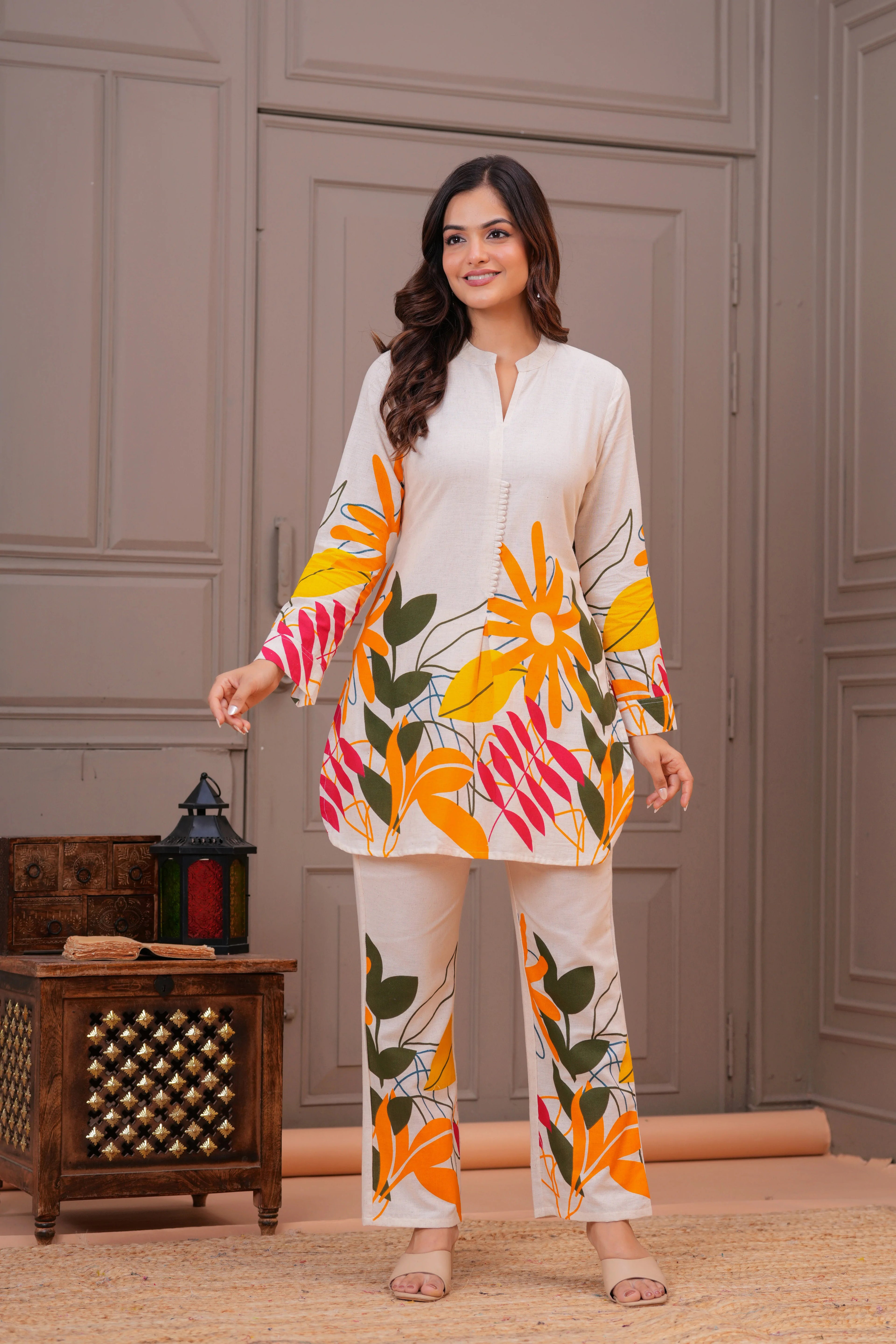 Off White Printed Cotton Flex Co-Ord Set