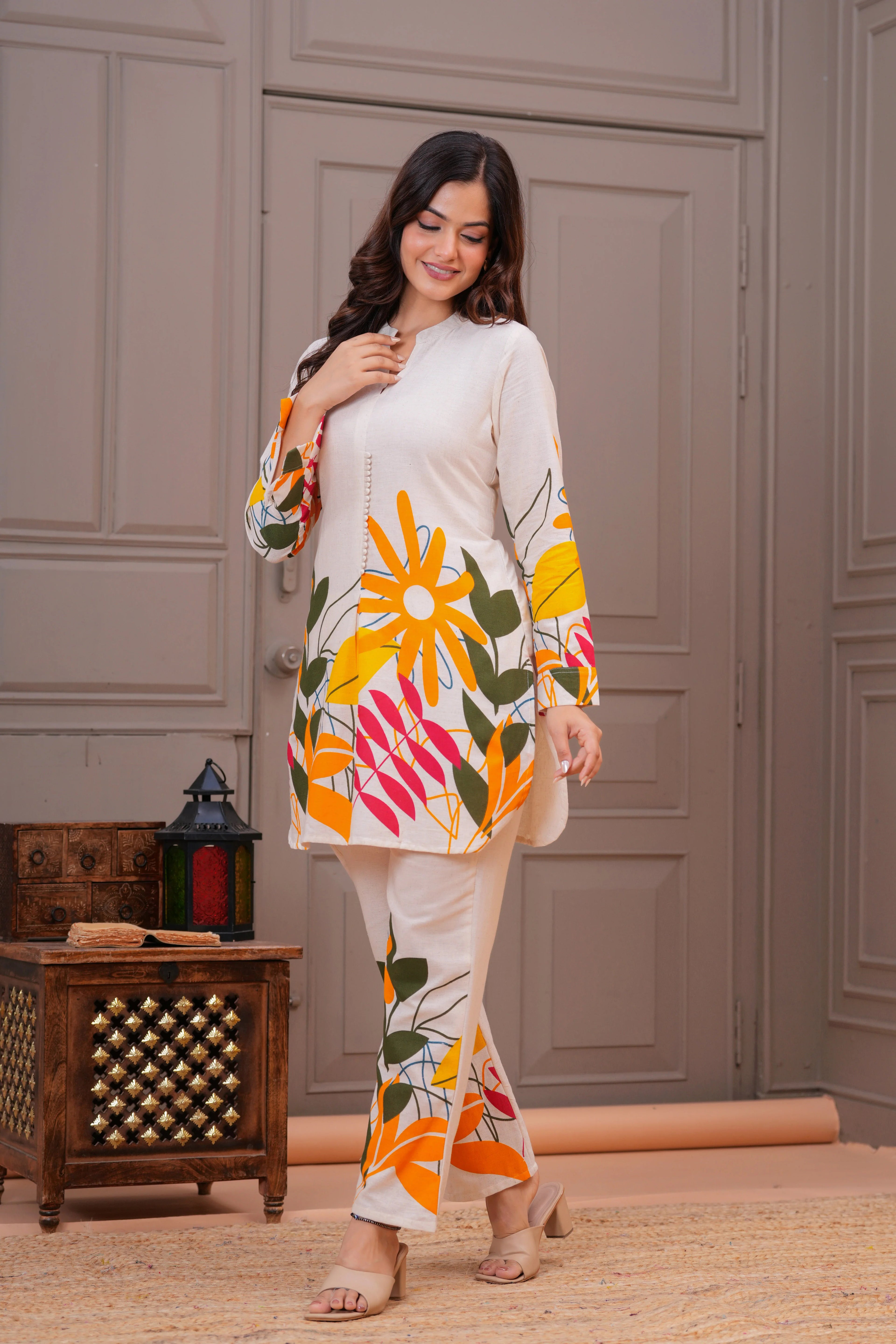 Off White Printed Cotton Flex Co-Ord Set