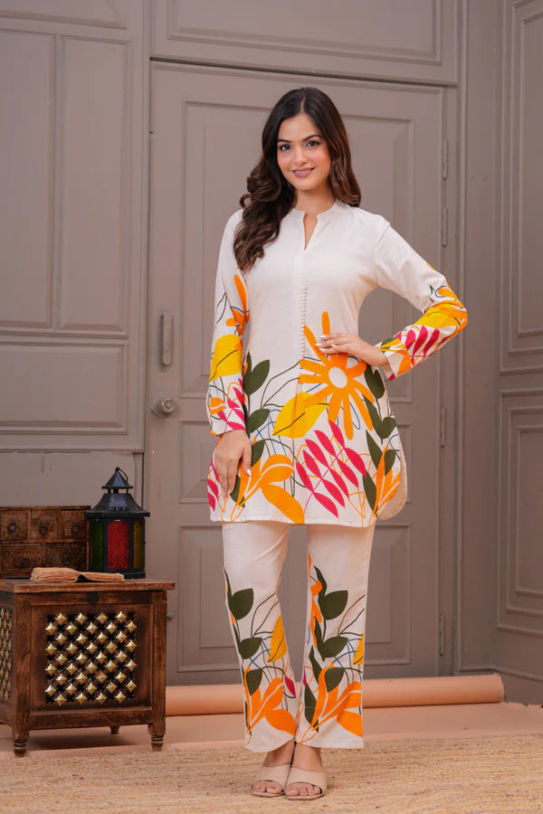 Off White Printed Cotton Flex Co-Ord Set