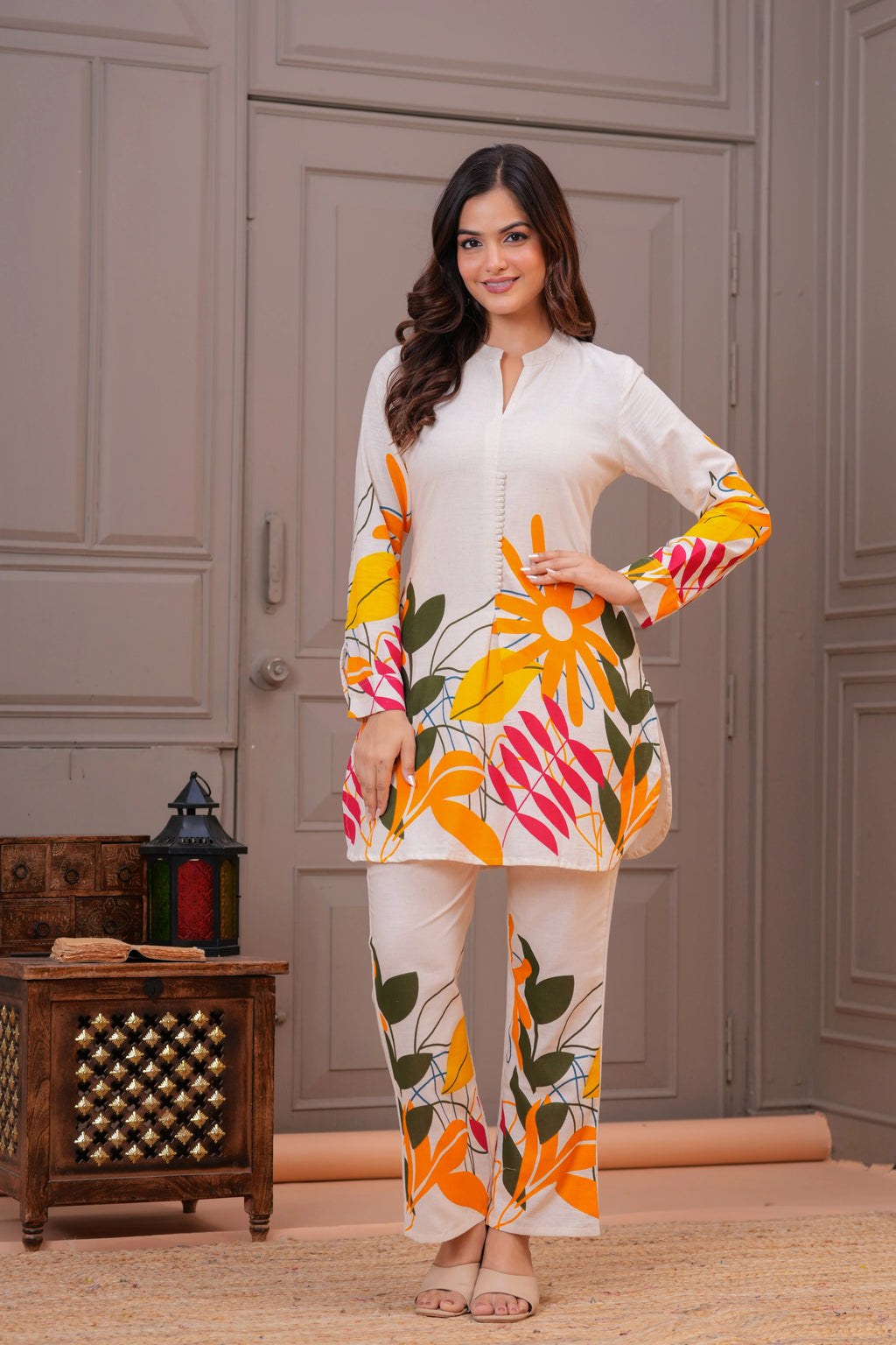 Off White Printed Cotton Flex Co-Ord Set