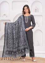 Dark Grey Embroidered Cotton Suit Set