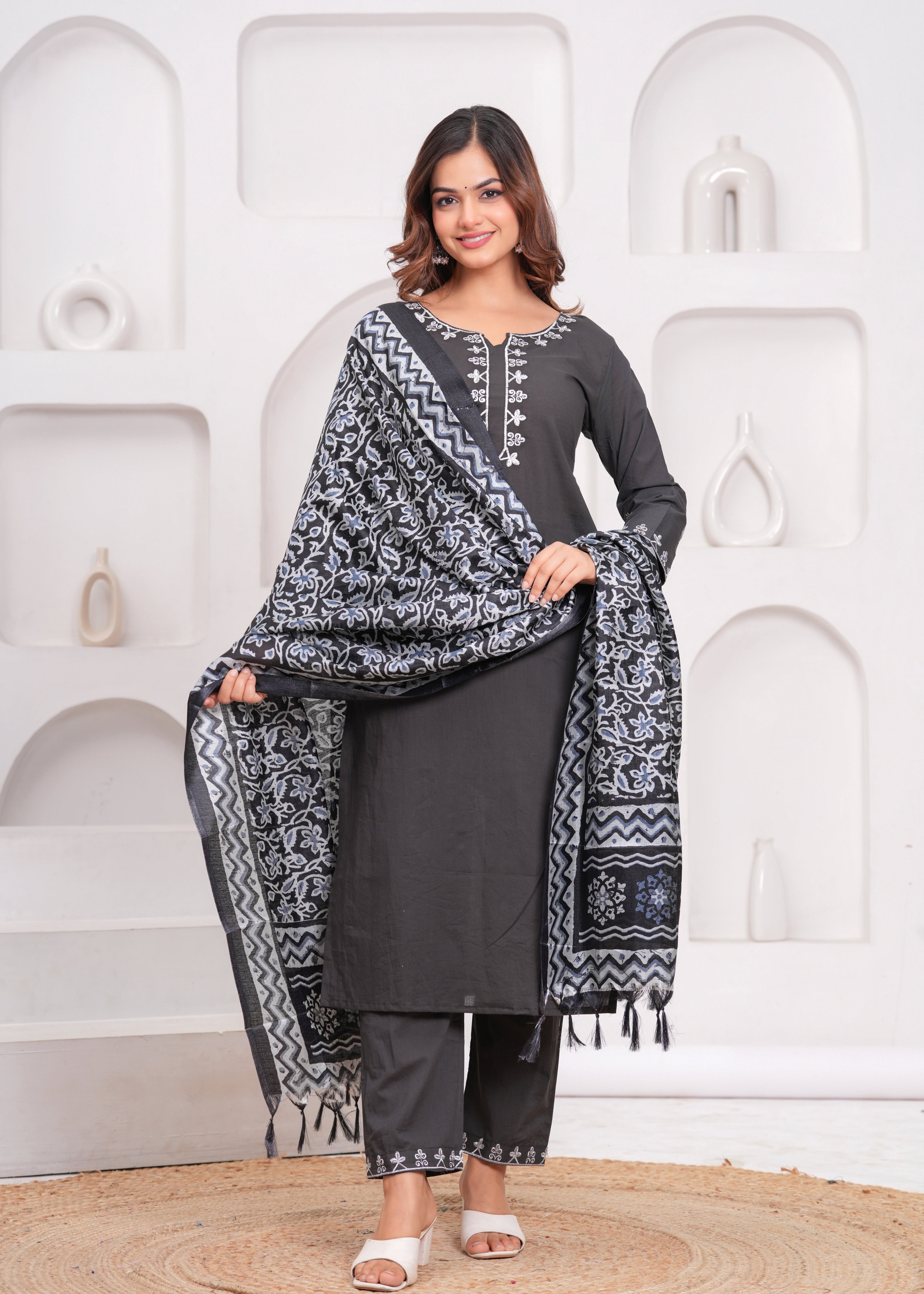 Dark Grey Embroidered Cotton Suit Set