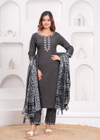 Dark Grey Embroidered Cotton Suit Set