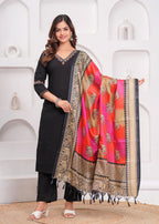 Black Embroidered Cotton Kurta and Pant Set with Khadi Dupatta