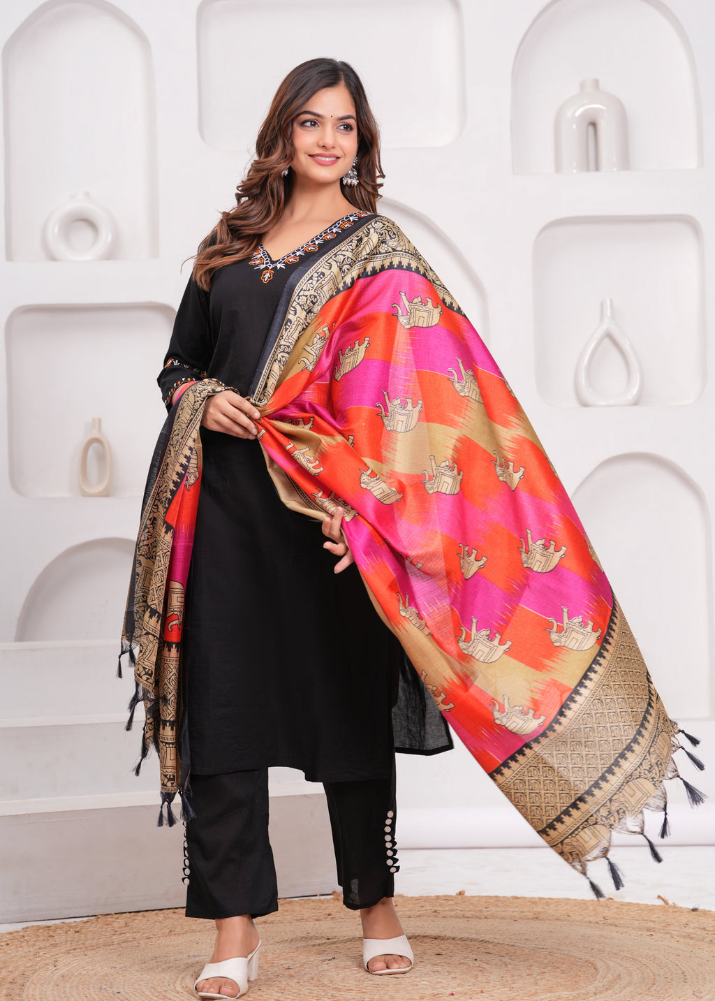 Black Embroidered Cotton Kurta and Pant Set with Khadi Dupatta