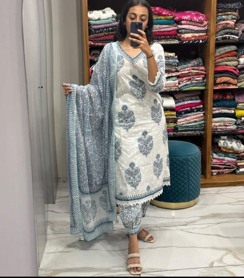 Women anarkali kurta pant dupatta suit set