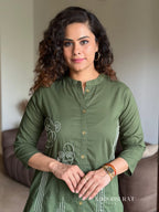 Women Cotton Aline button style white thread embroidery, kurta pant set