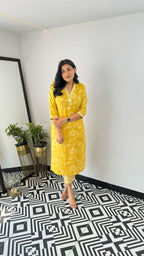 Soft Office Yellow and dark pink Cotton Kurta Pant Set