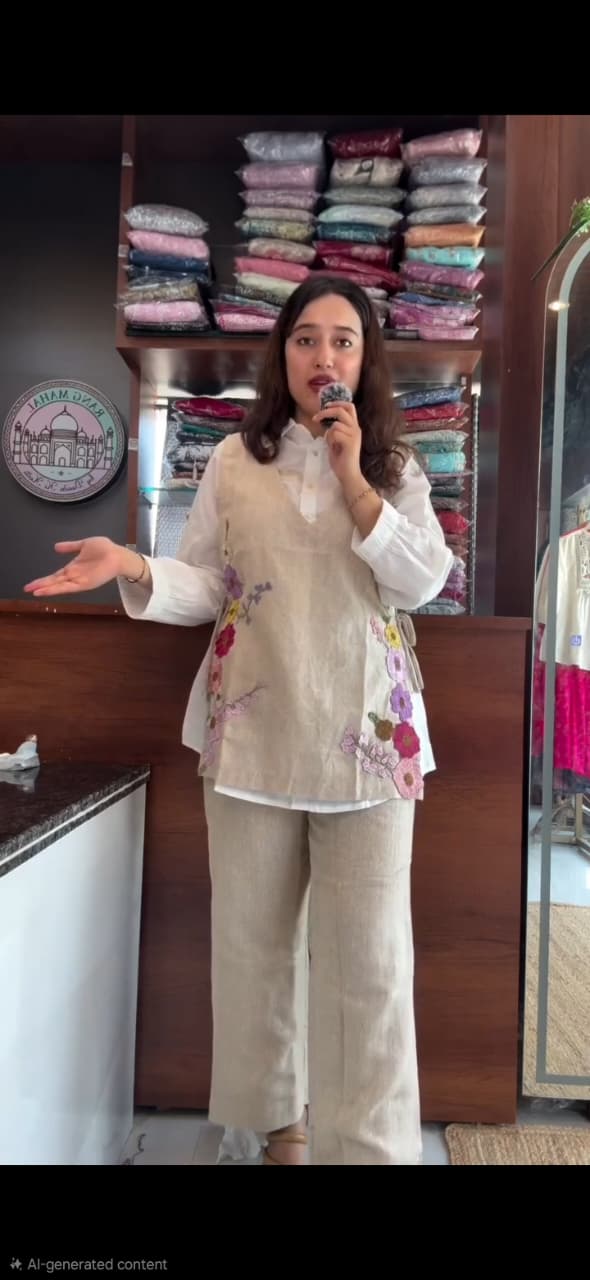 White Cotton Shirt With Beige Jute Linen Jacket Co-ord Set