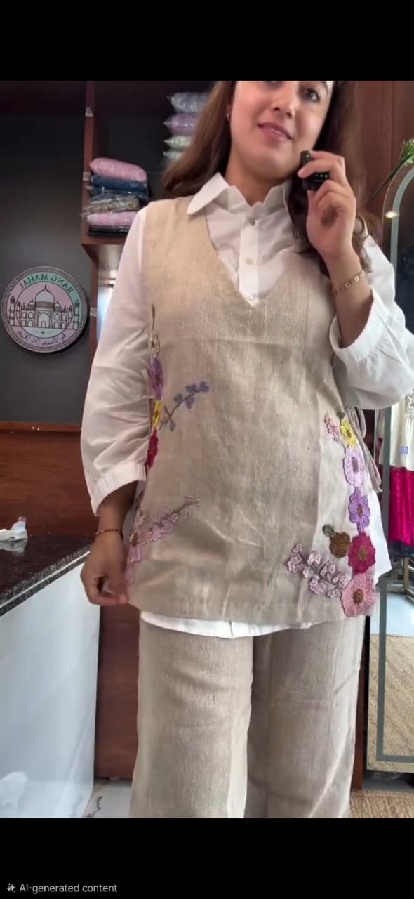 White Cotton Shirt With Beige Jute Linen Jacket Co-ord Set