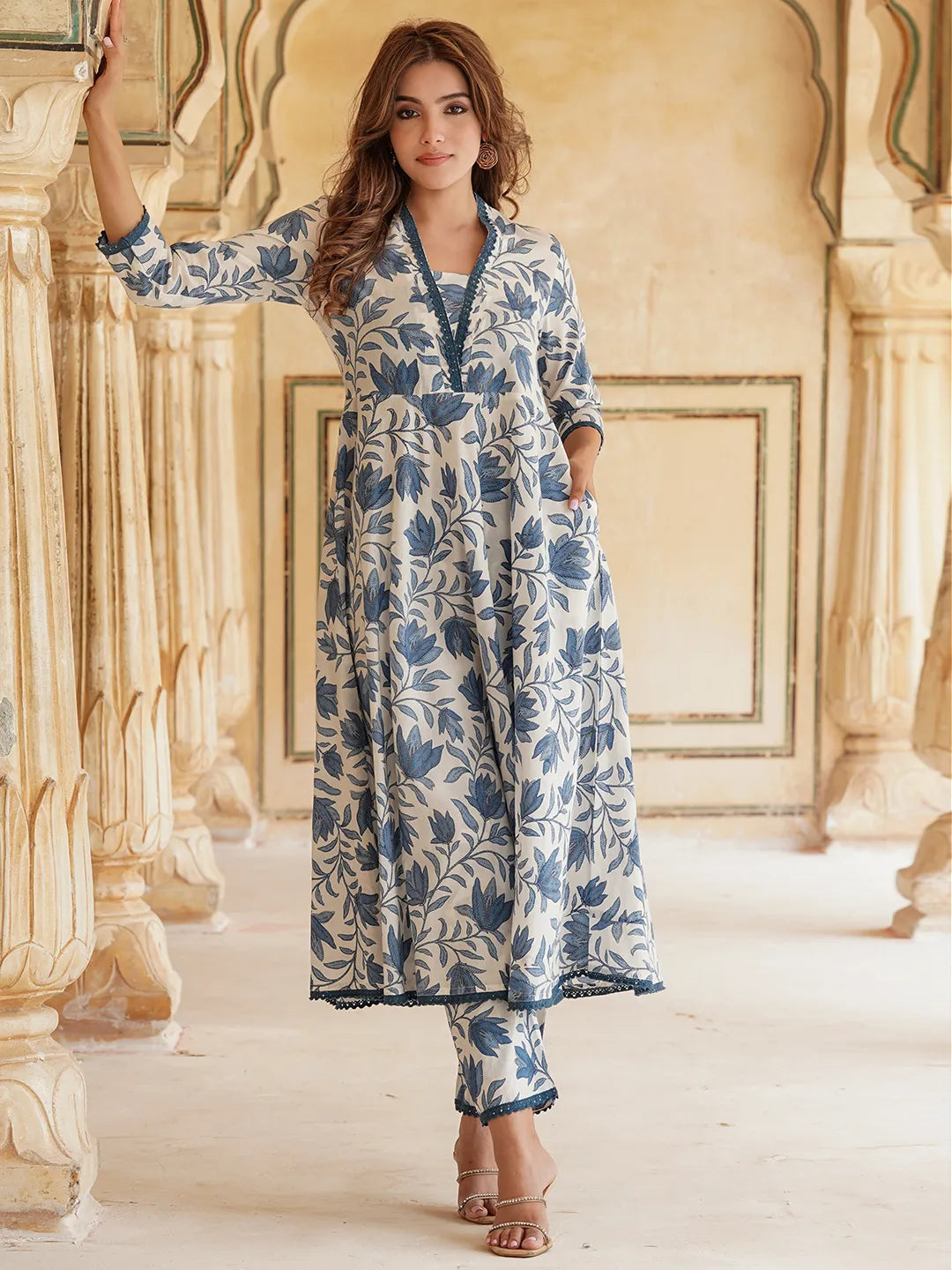 Floral Printed Anarkali Pure Cotton Kurta with Trousers & Dupatta