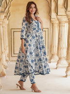 Floral Printed Anarkali Pure Cotton Kurta with Trousers & Dupatta