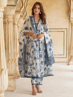 Floral Printed Anarkali Pure Cotton Kurta with Trousers & Dupatta