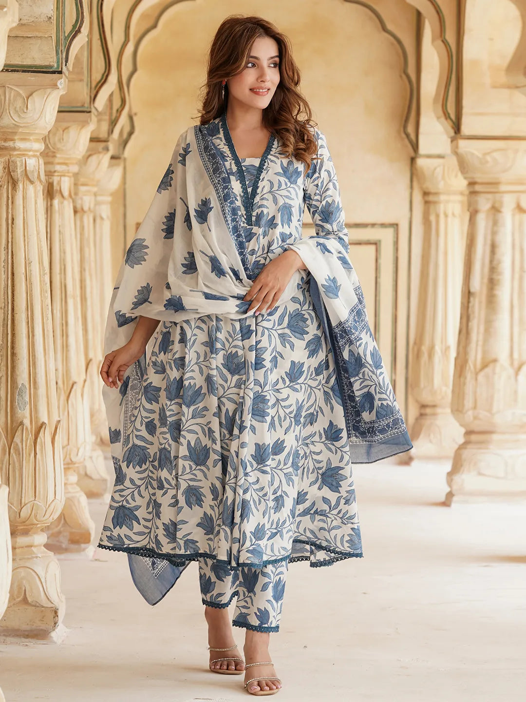 Floral Printed Anarkali Pure Cotton Kurta with Trousers & Dupatta