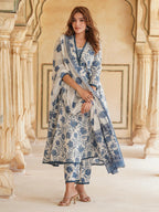 Floral Printed Anarkali Pure Cotton Kurta with Trousers & Dupatta
