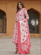 Floral Printed Anarkali Pure Cotton Kurta with Trousers & Dupatta