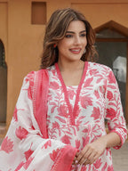 Floral Printed Anarkali Pure Cotton Kurta with Trousers & Dupatta
