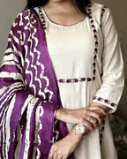 Off White Embroidered Cotton Kurta and Pant Set with Dupatta