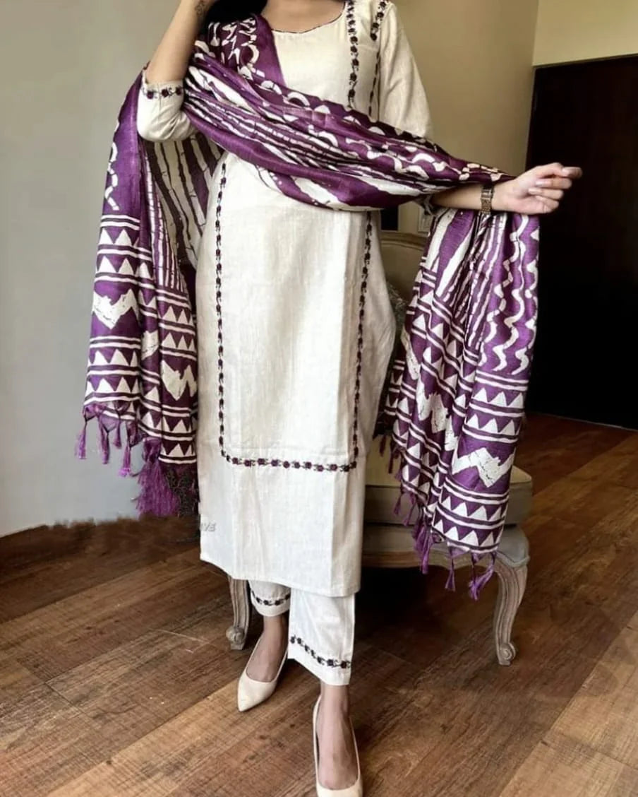 Off White Embroidered Cotton Kurta and Pant Set with Dupatta