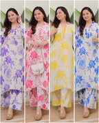 Beautiful Blue Floral Printed Aline Cotton Co-ords