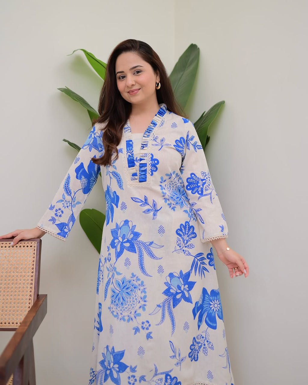 Beautiful Blue Floral Printed Aline Cotton Co-ords