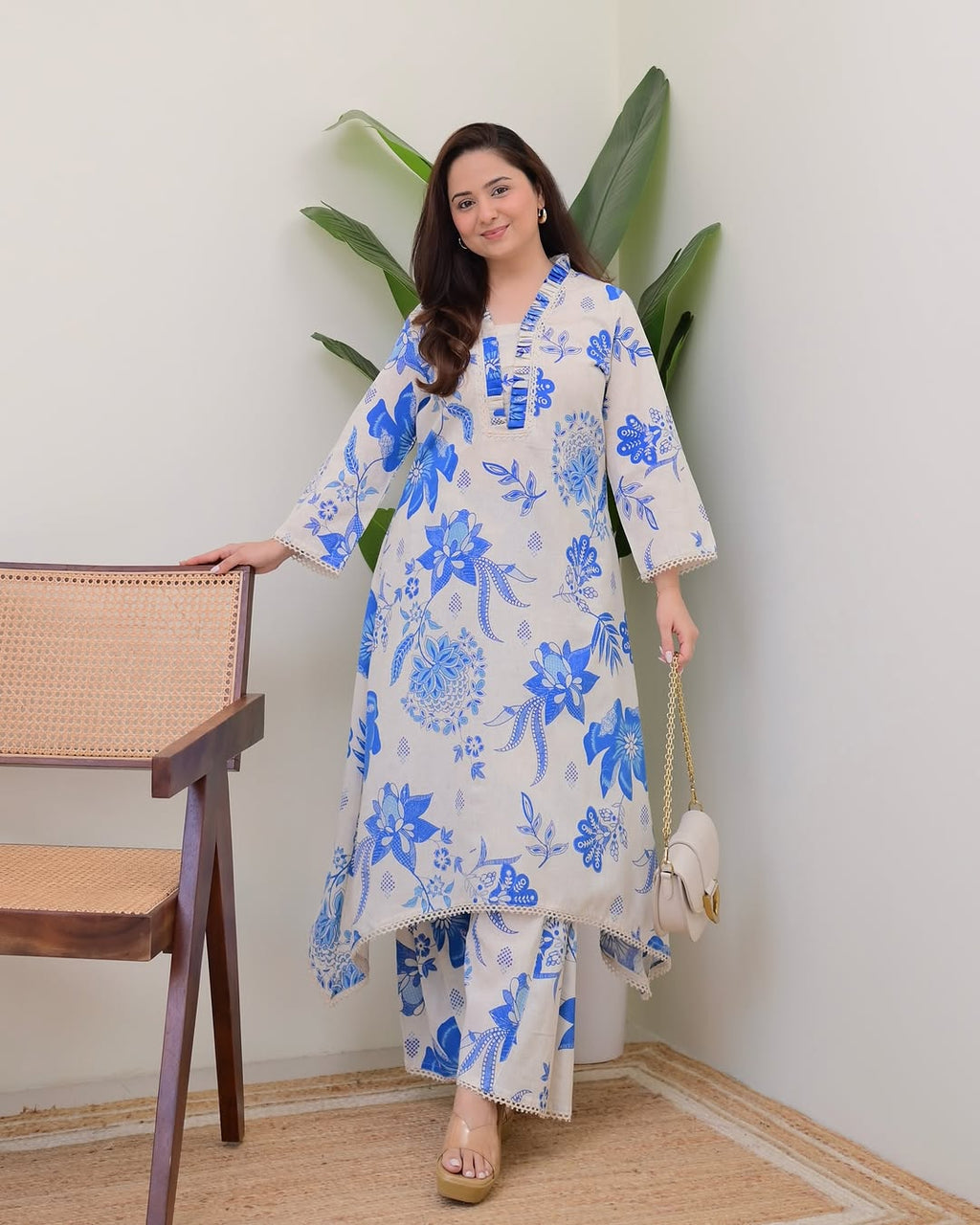 Beautiful Blue Floral Printed Aline Cotton Co-ords