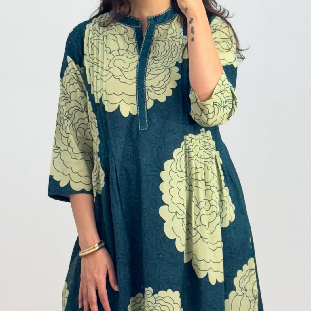 Beautiful Green Floral Pintex Work Kurti With Pant