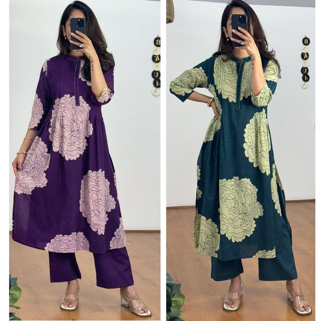 Beautiful Green Floral Pintex Work Kurti With Pant