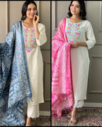 Off White Embroidered Khadi Cotton Suit With Silk Dupatta