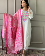 Off White Embroidered Khadi Cotton Suit With Silk Dupatta
