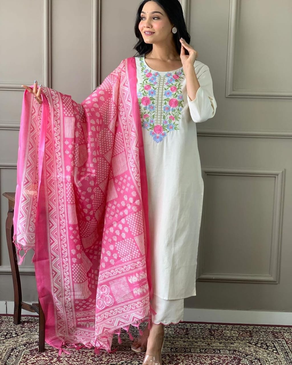 Off White Embroidered Khadi Cotton Suit With Silk Dupatta