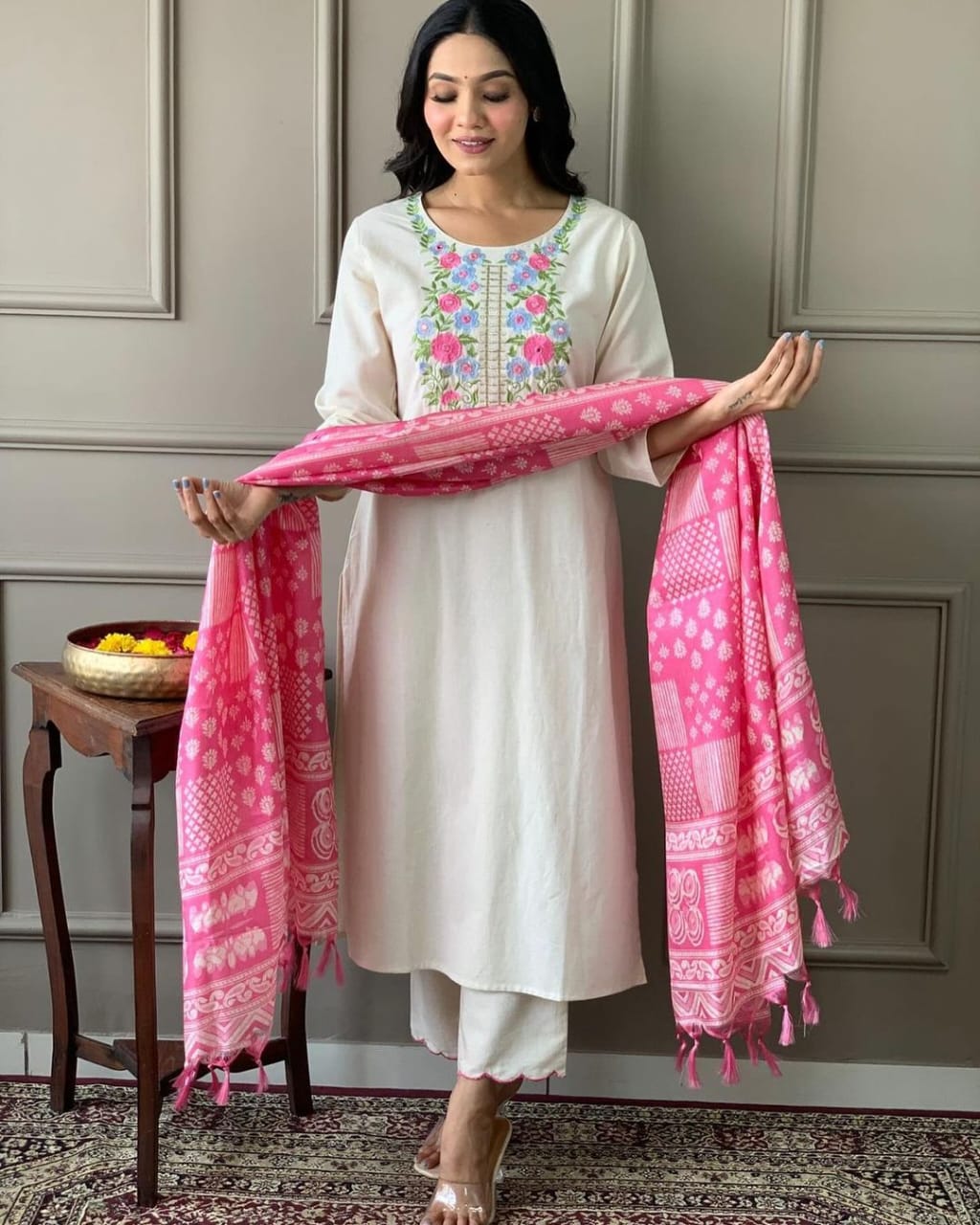 Off White Embroidered Khadi Cotton Suit With Silk Dupatta