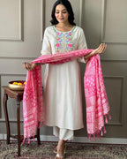 Off White Embroidered Khadi Cotton Suit With Silk Dupatta