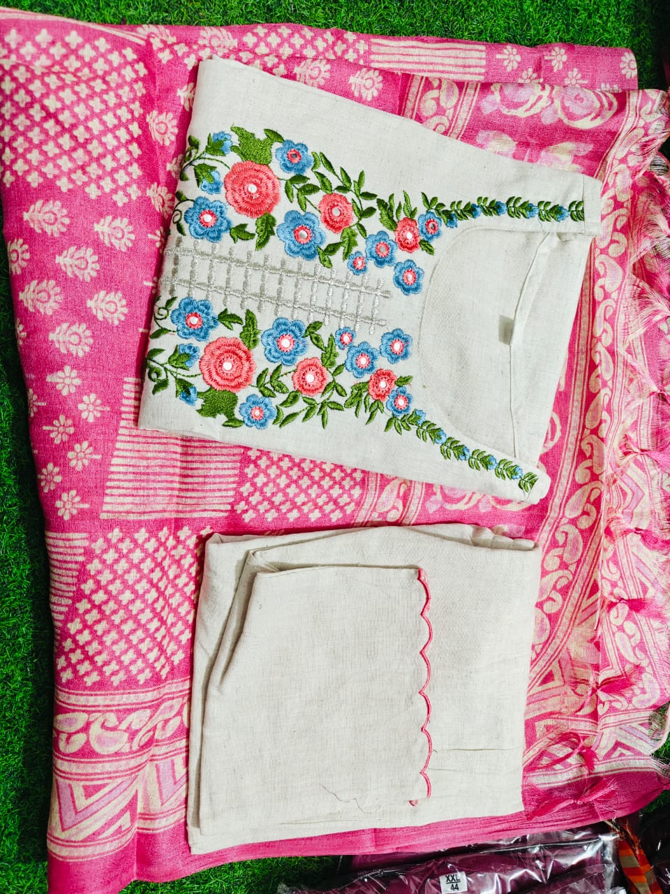 Off White Embroidered Khadi Cotton Suit With Silk Dupatta