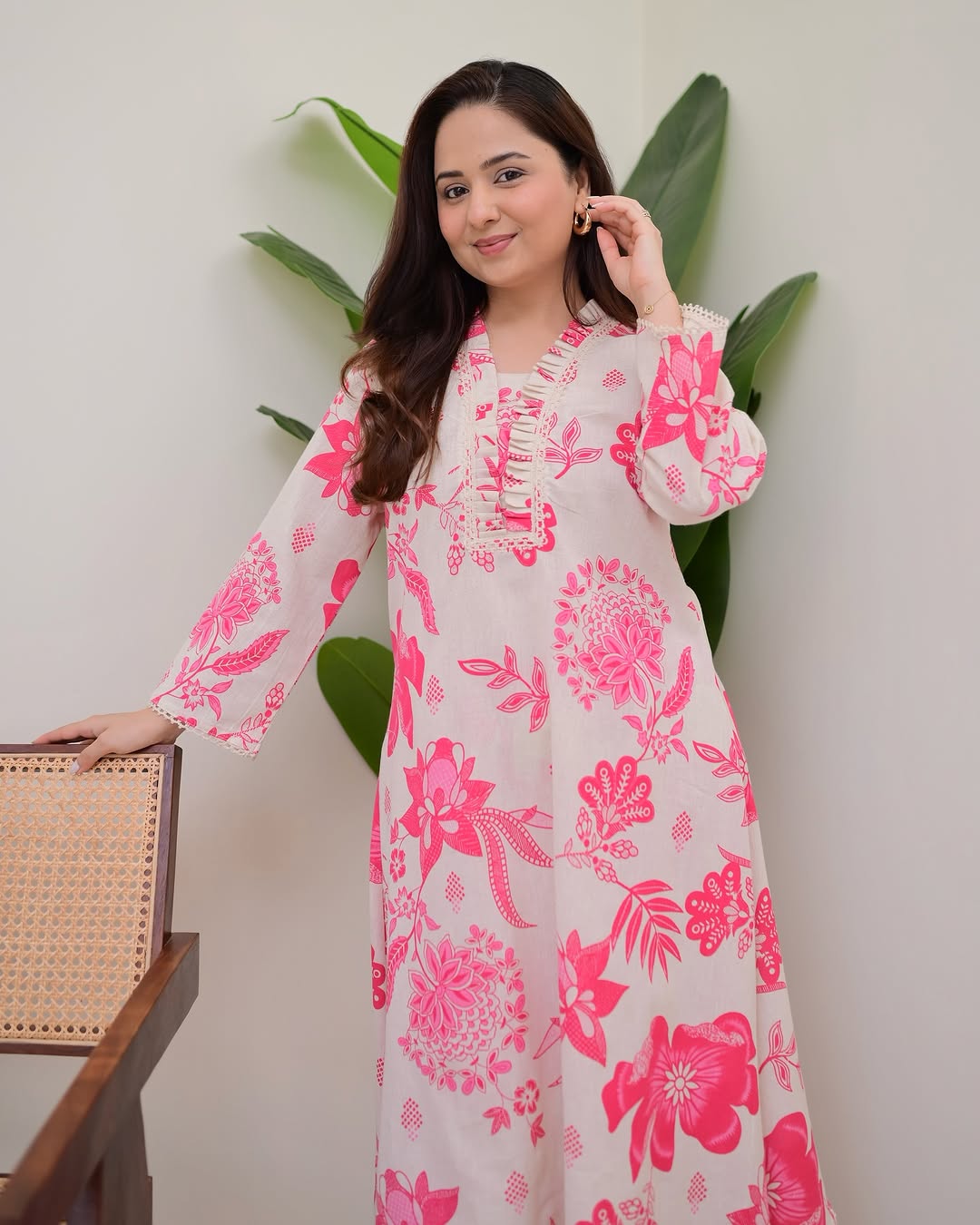 Beautiful Pink Floral Printed Aline Cotton Co-Ord Set