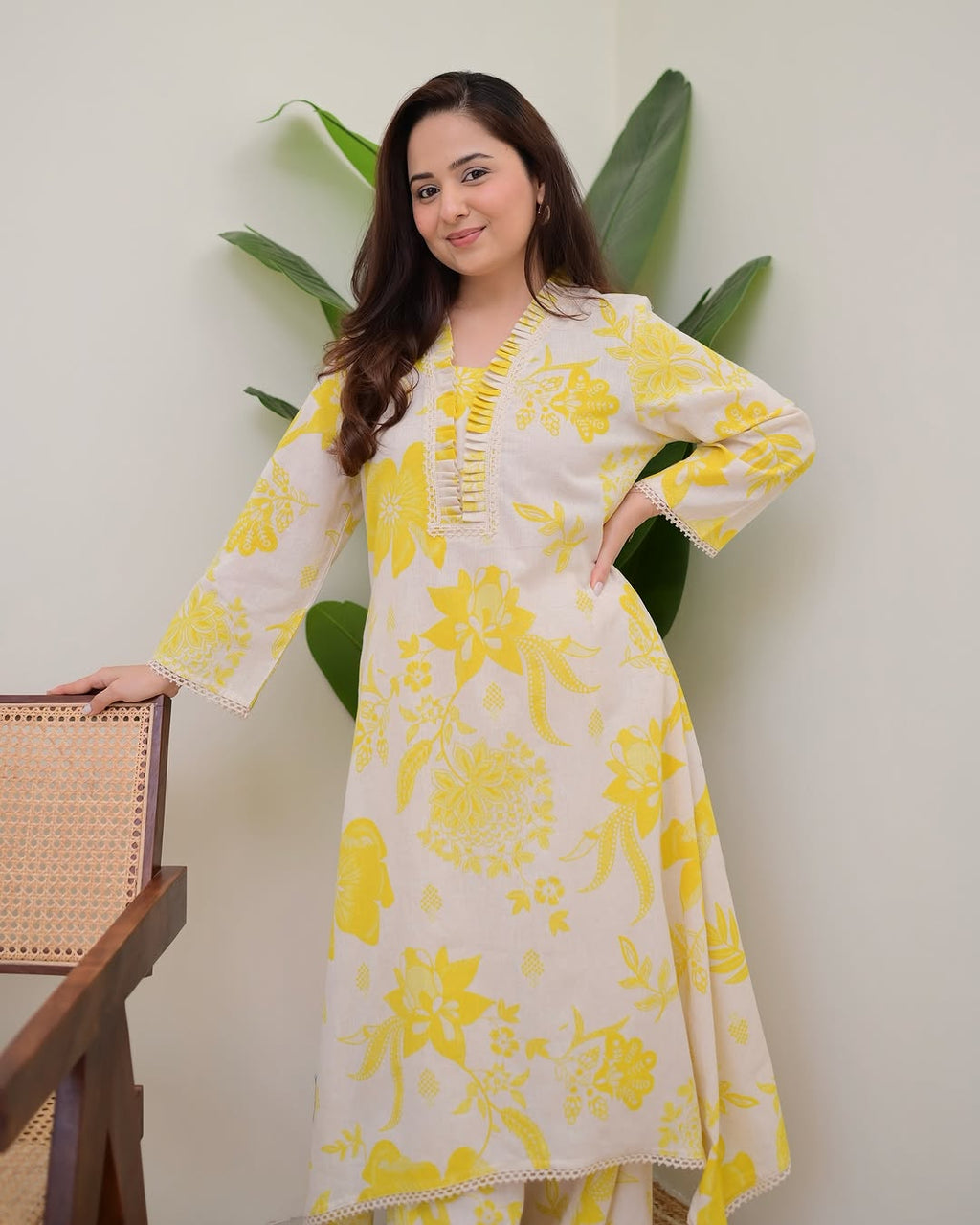 Beautiful Yellow Floral Printed Aline Cotton Co-ords