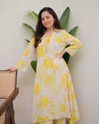 Beautiful Yellow Floral Printed Aline Cotton Co-ords