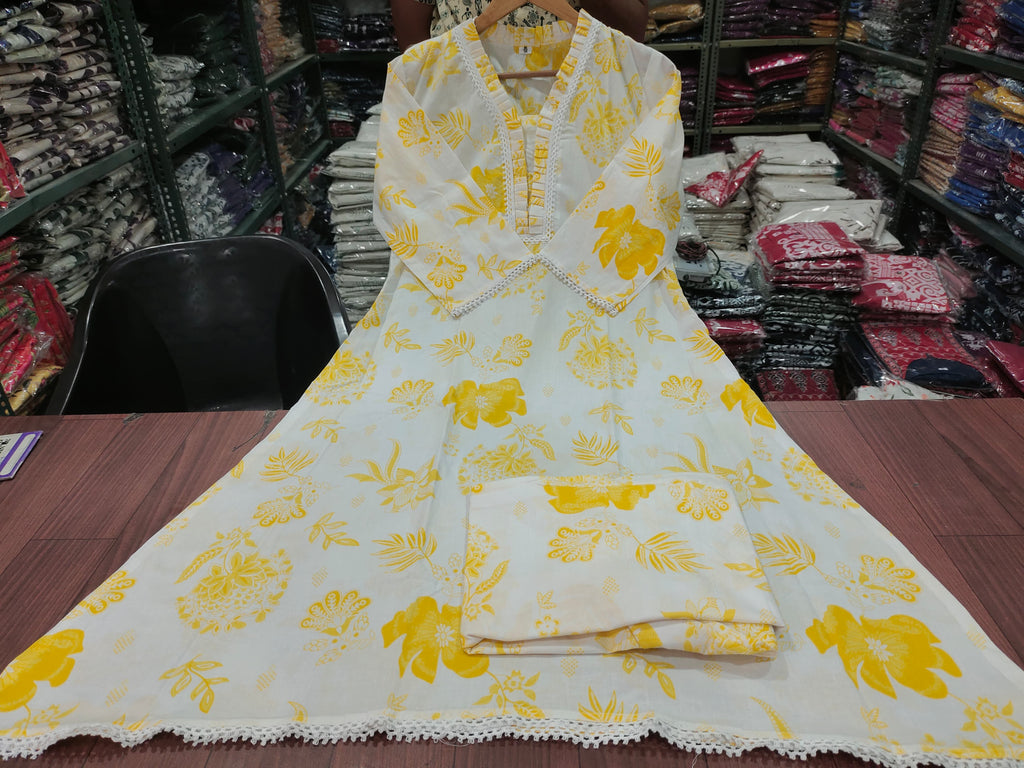 Beautiful Yellow Floral Printed Aline Cotton Co-ords