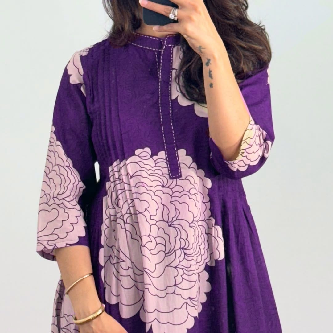 Beautiful Purple Floral Pintex Work Kurti With Pant
